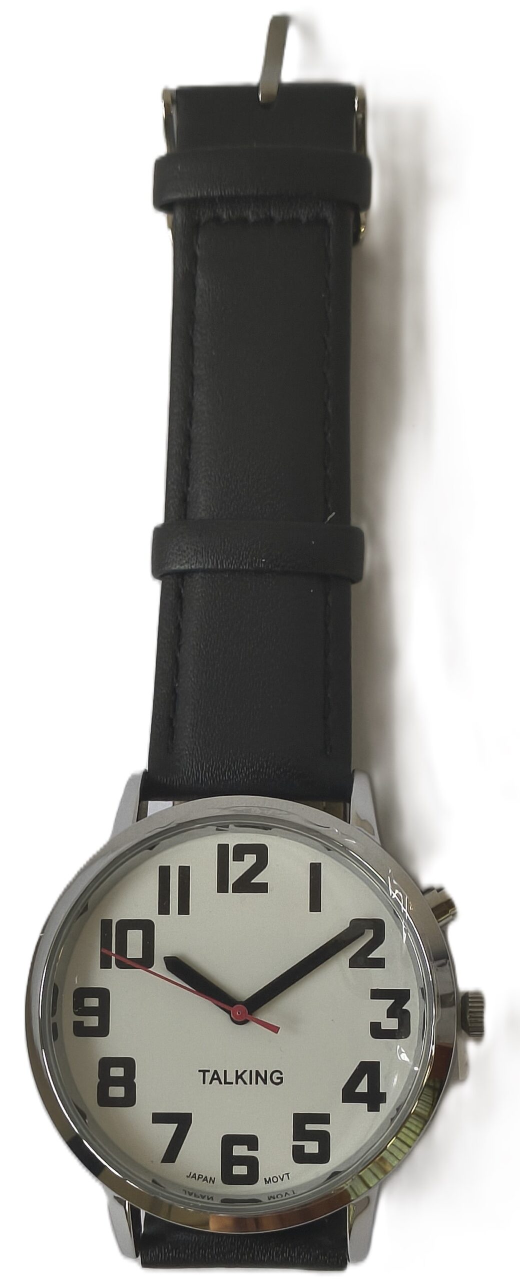 Orologio da polso parlante da uomo con quadrante bianco e cinturino in pelle per ciechi, non vedenti e ipovedenti
