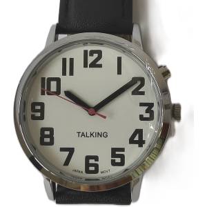 Orologio da polso parlante da uomo con quadrante bianco e cinturino in pelle per ciechi, non vedenti e ipovedenti