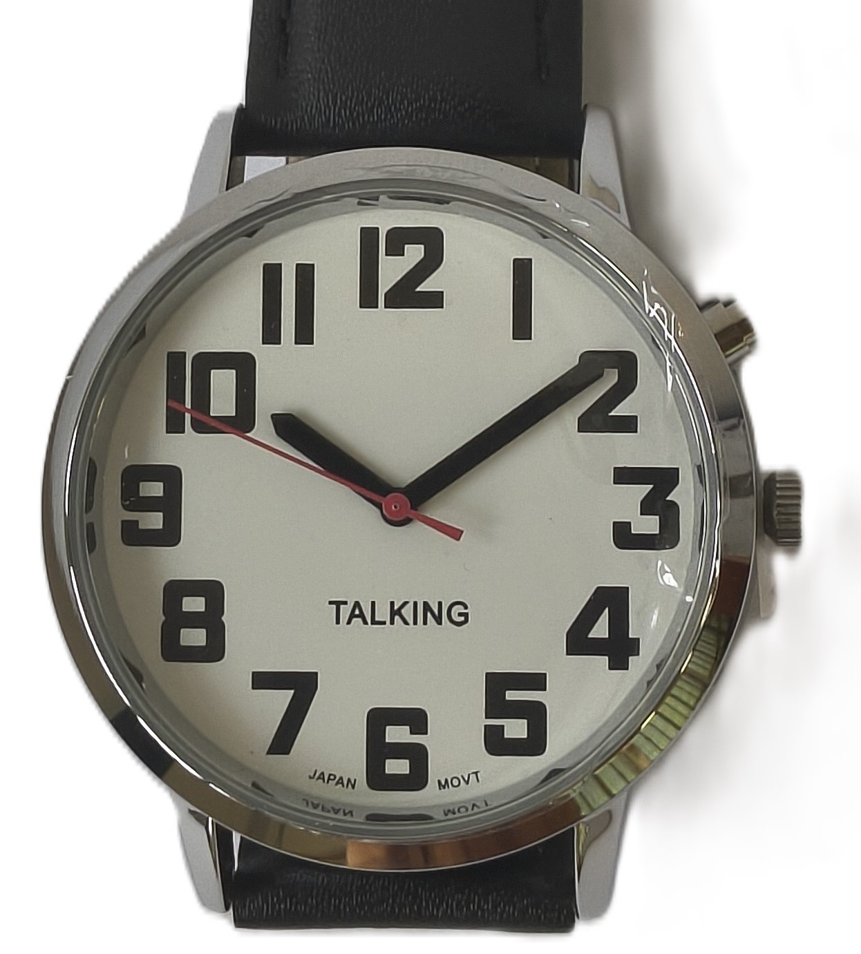 Orologio da polso parlante da uomo con quadrante bianco e cinturino in pelle per ciechi, non vedenti e ipovedenti